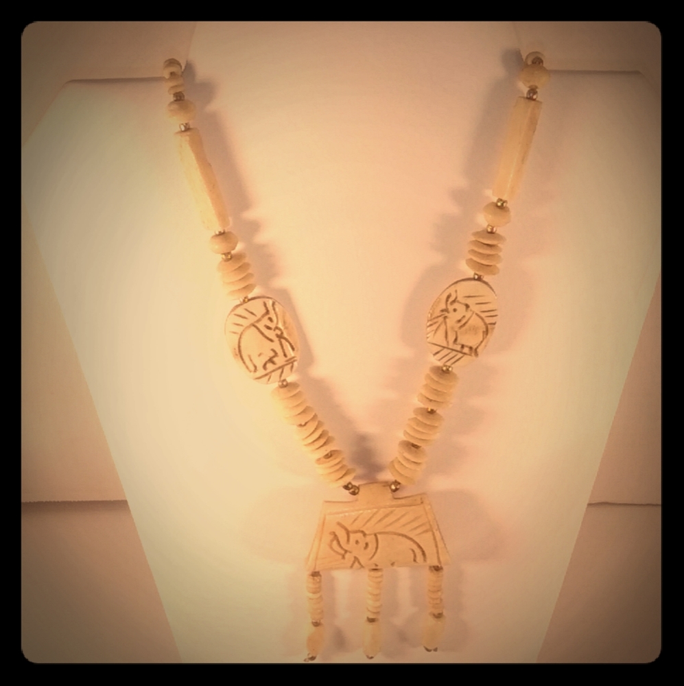 Hand carved Elephant Real Bone Vintage Necklace